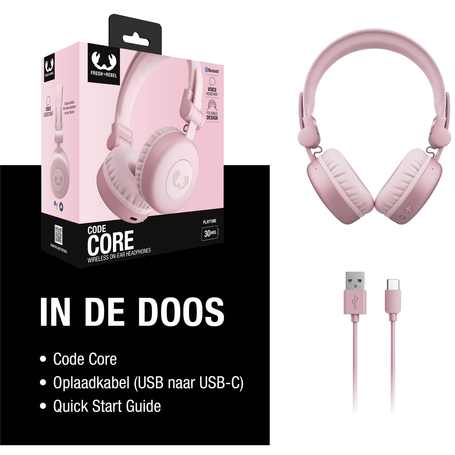 Pink headphones, box with text and headphones image, USB-C cable, and text 'IN DE DOOS'.