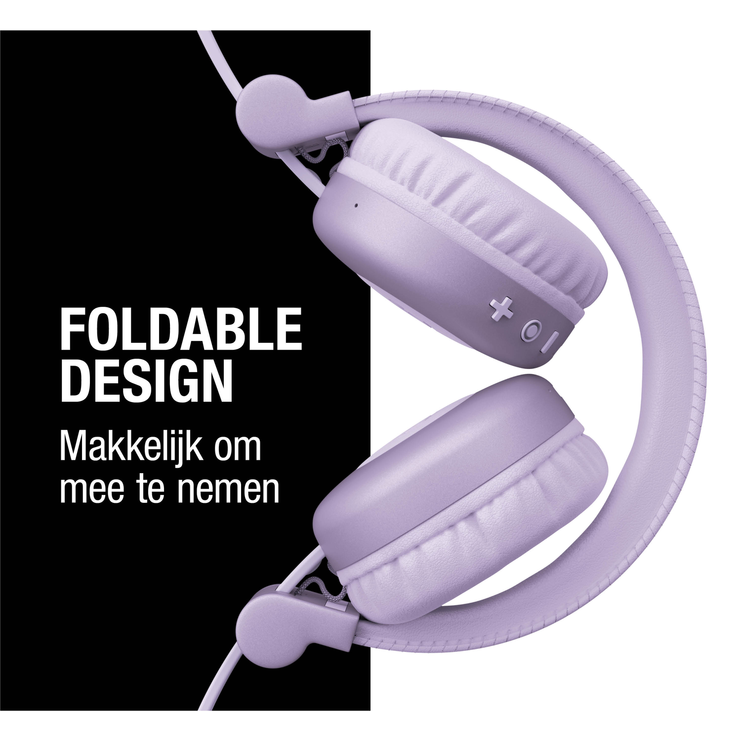 Foldable purple headphones on white background, with a black rectangle on the left with text in Dutch: 'Foldable Design. Easy to take along.'