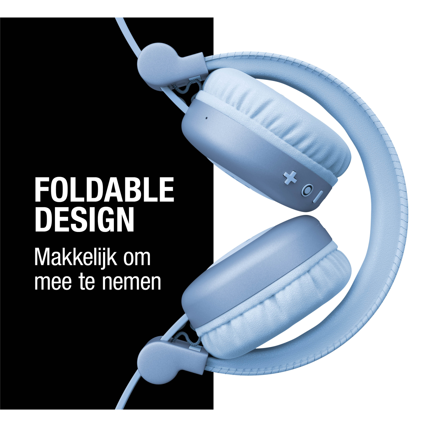 Blue foldable headphones are displayed on a white background with a black left side. Text says 'Foldable Design' in white.
