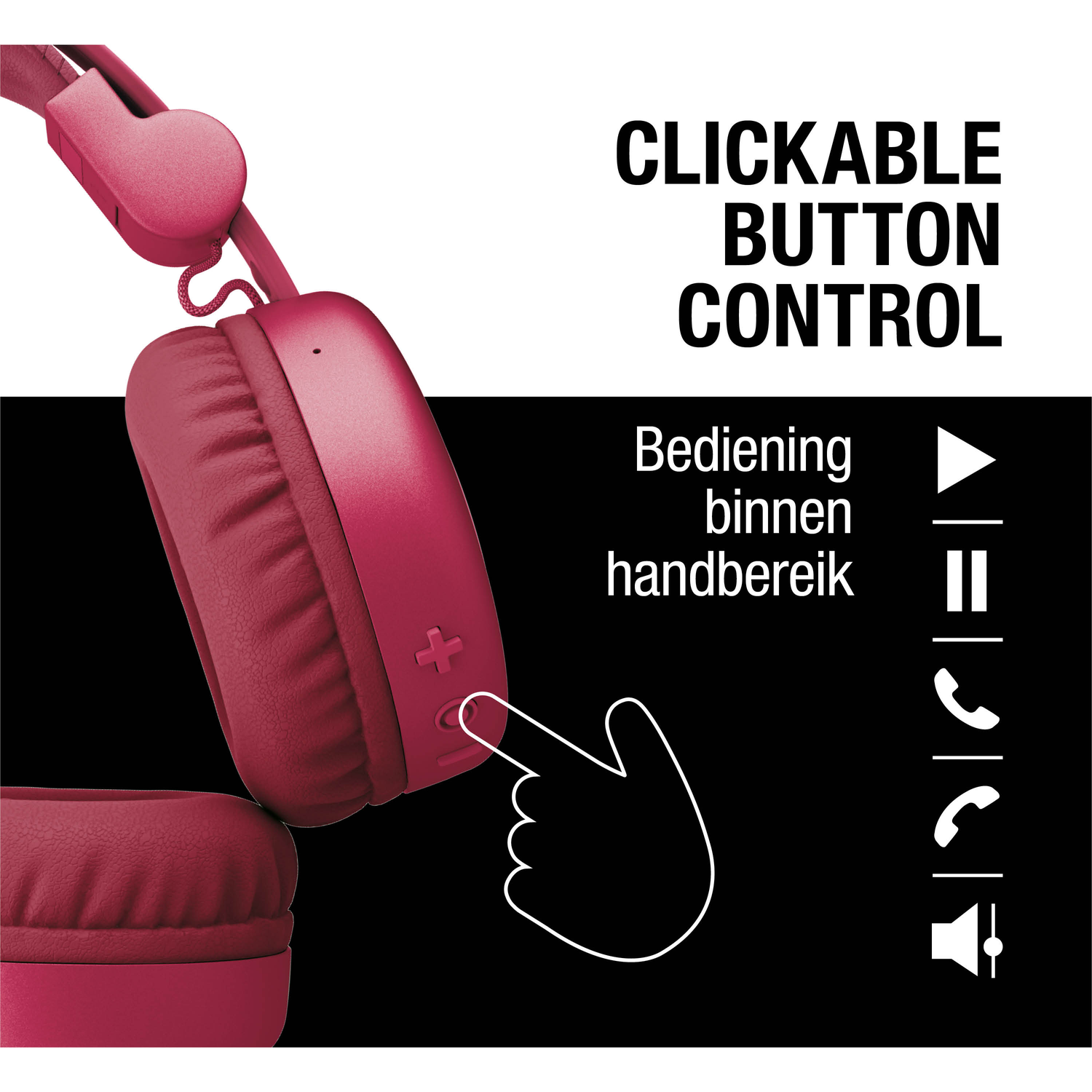 Red headphones with button controls. A hand icon points at the button. Text: Clickable button control and Bediening binnen handbereik.