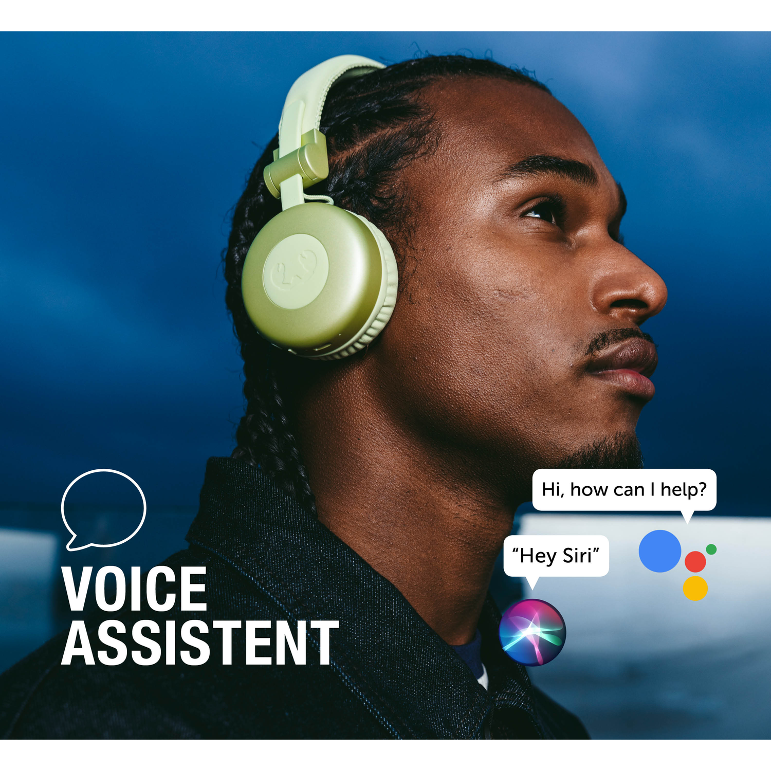 A Black man wears green headphones. Text says 'Voice Assistant'. Speech bubbles read 'Hey Siri' and 'Hi, how can I help?'
