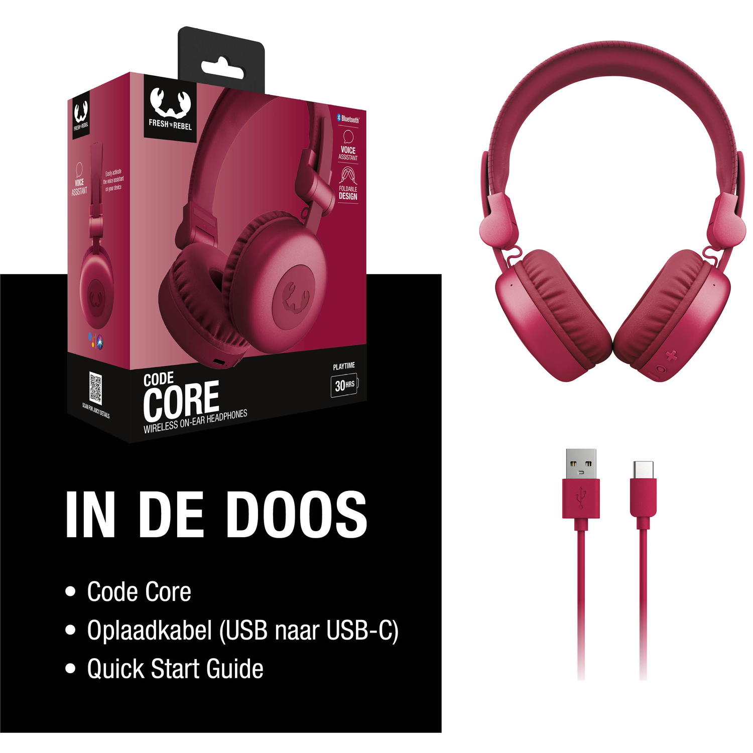 Image shows a red wireless headphone, its box, and a charging cable. The box says 'Code Core' and 'Fresh Rebel'.