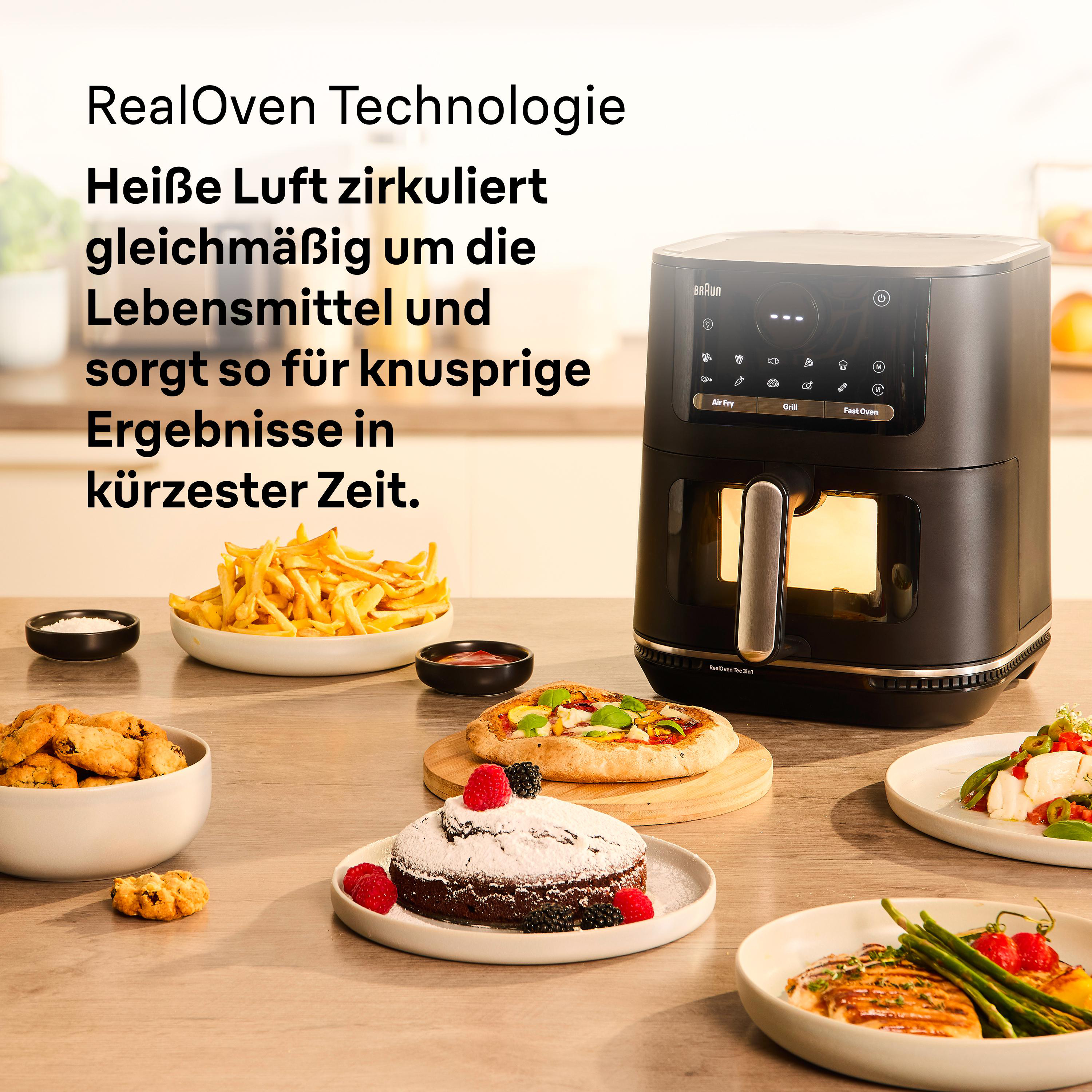 Ein Airfryer mit Essensbeispielen wie Pommes und Pizza auf einem Holztisch. Der Text lautet: RealOven Technologie.
