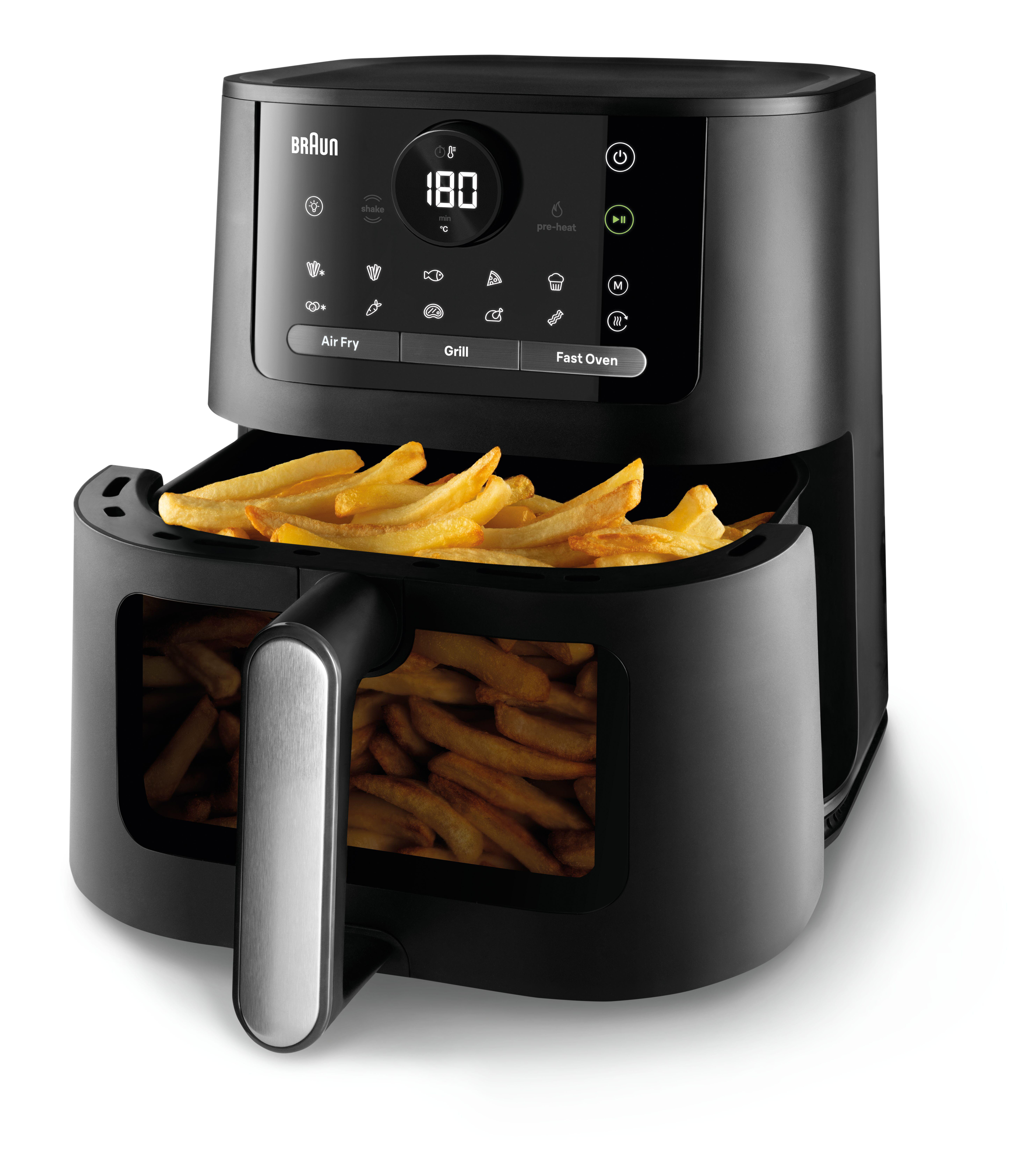 Schwarze Braun Heißluftfritteuse mit Pommes. Anzeige zeigt 180 Grad. Bedienfeld hat verschiedene Kochoptionen.