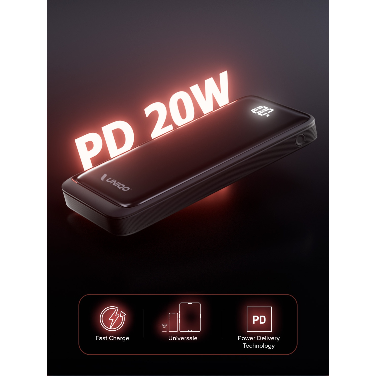 Power bank nera con testo 'PD 20W'. Ha un display digitale e icone per ricarica rapida, universale e Power Delivery.