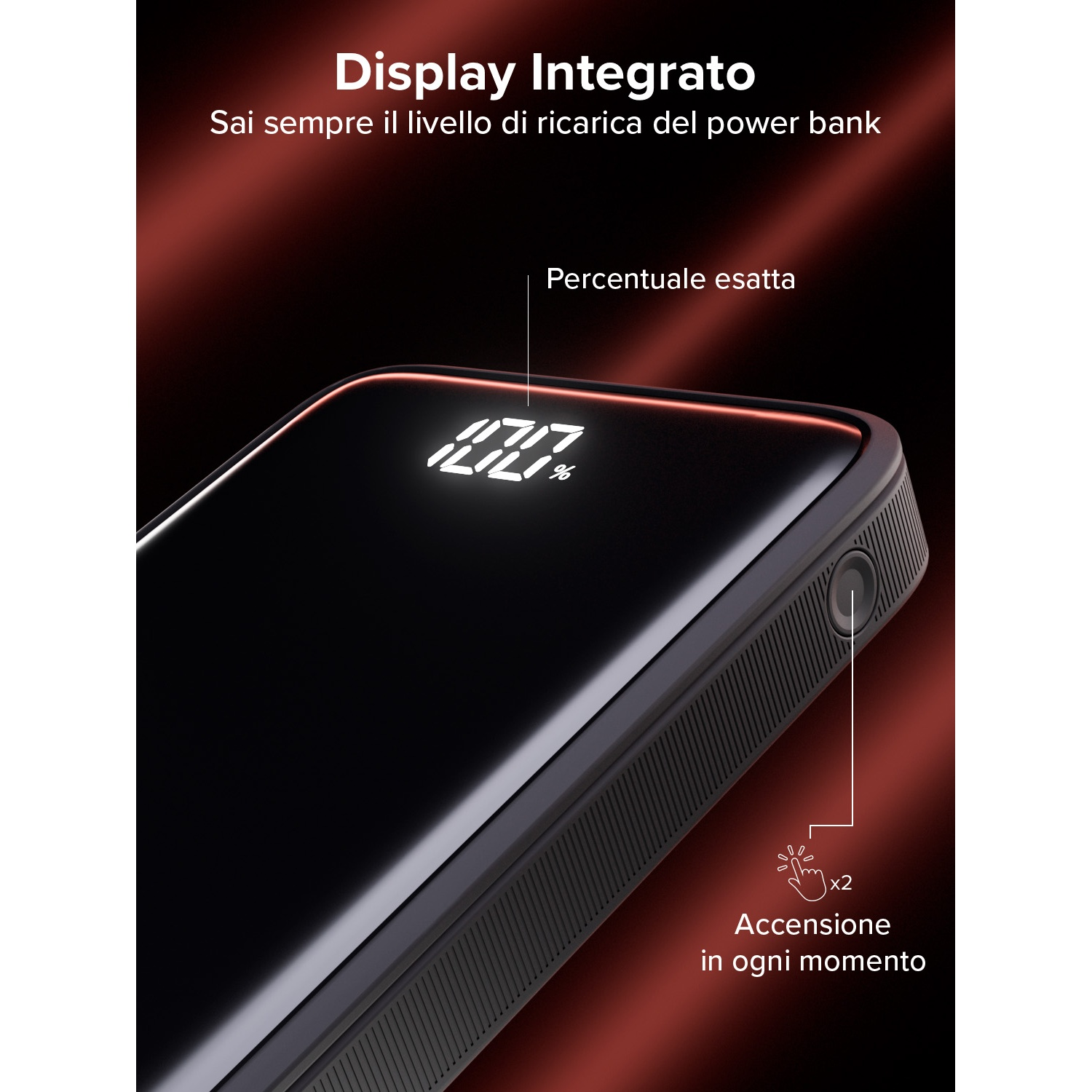 Power bank nera con display digitale che mostra il 77%. Il testo indica il livello della batteria. Pulsante e icone per l'accensione.