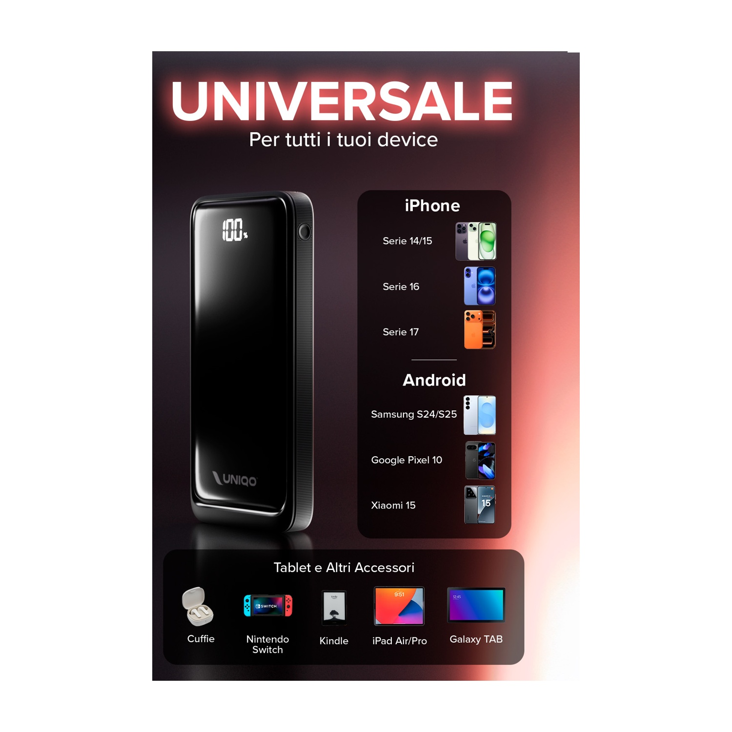Power bank nera con display 100%, accanto a iPhone, telefoni Android e altri accessori.