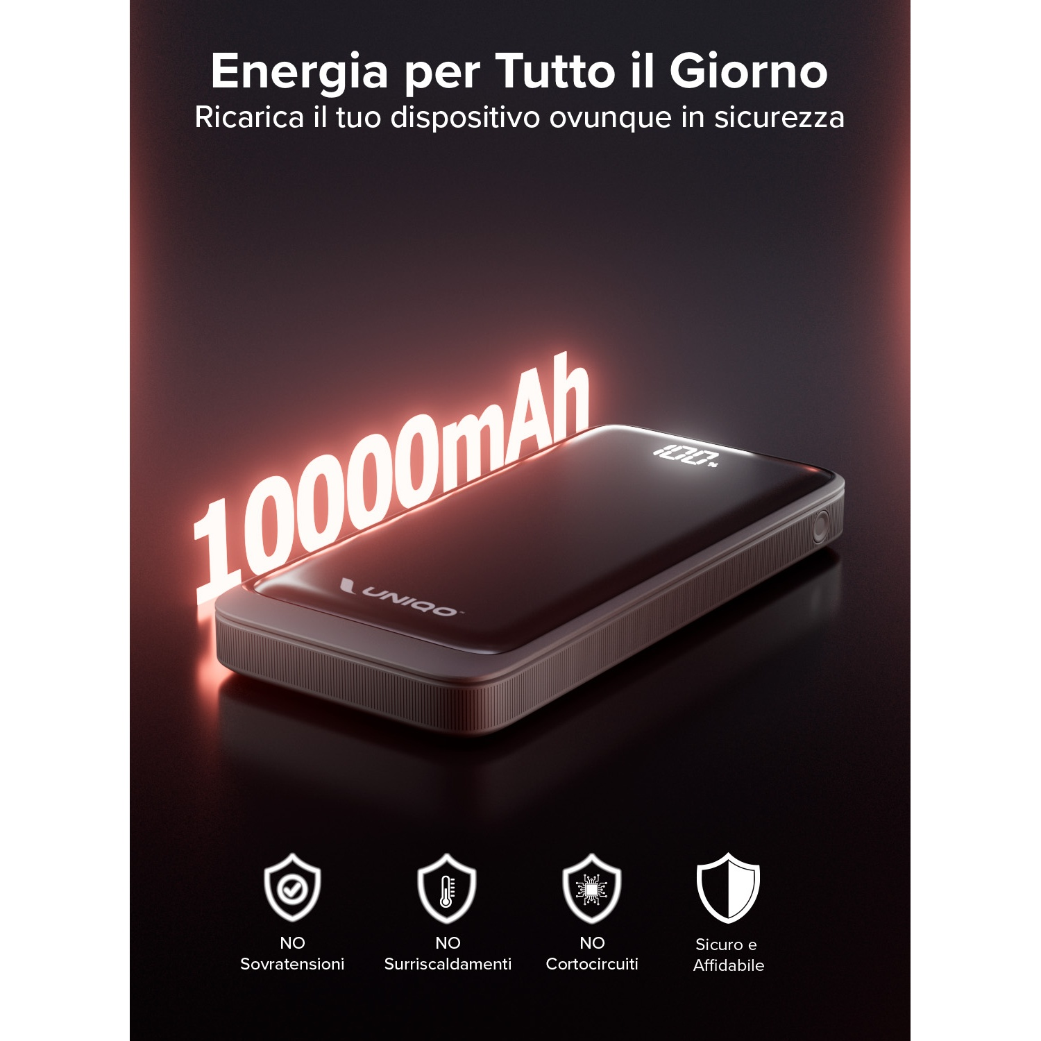 Un power bank da 10000mAh. Il testo dice 'Energia per Tutto il Giorno' e sono evidenziate caratteristiche come 'no cortocircuiti'.