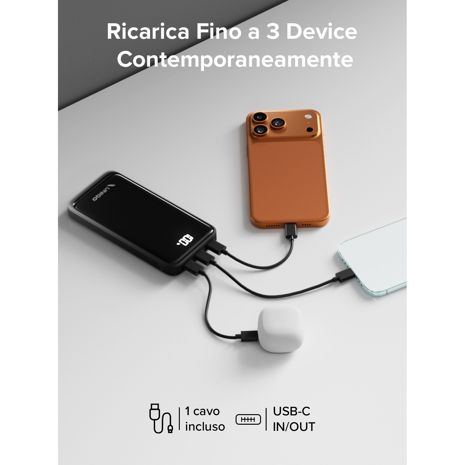 L'immagine mostra un power bank che carica tre dispositivi: un telefono arancione, un telefono bianco e un blocco di ricarica bianco.