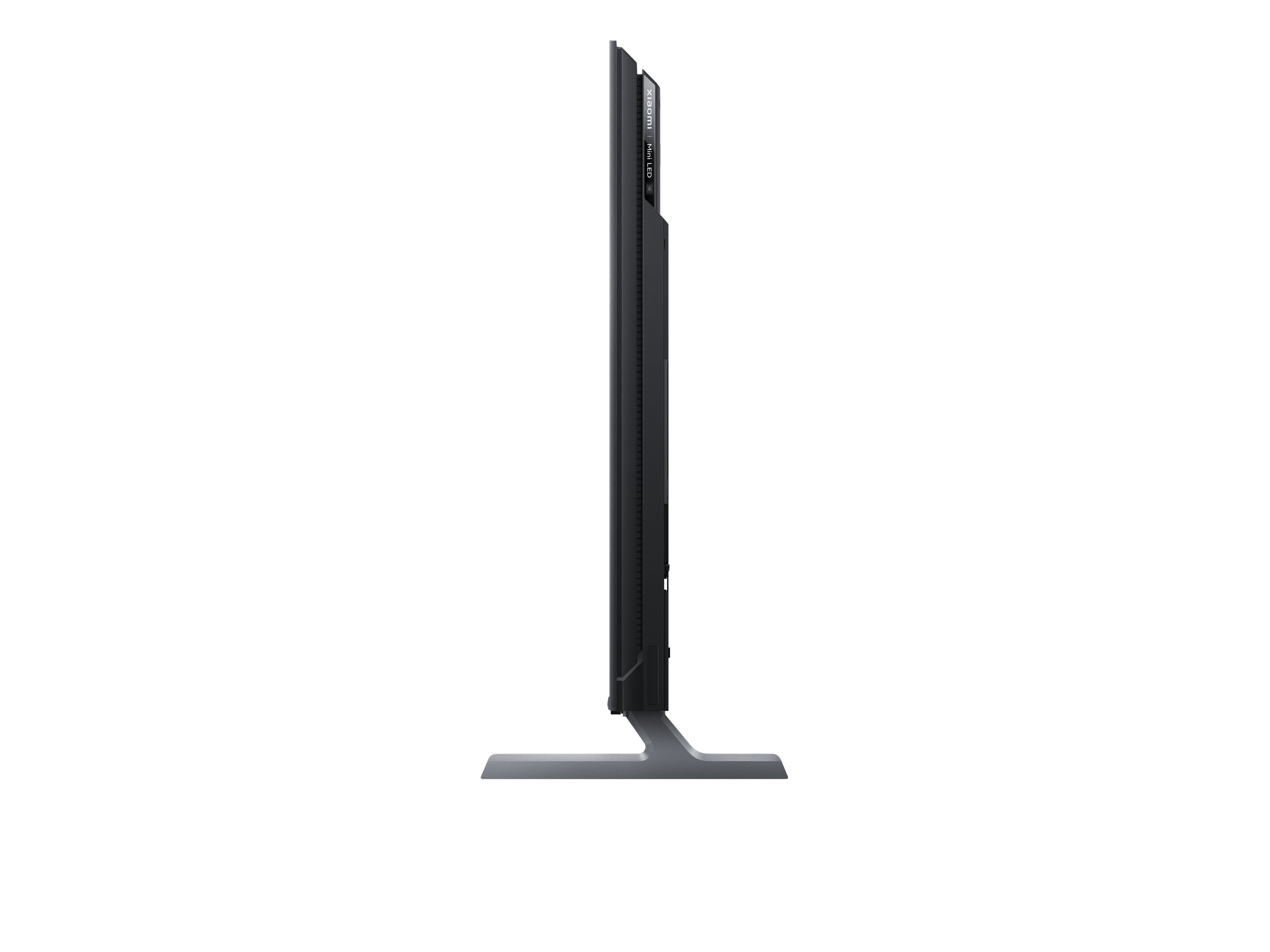 Egy fekete TV oldalsó nézete szürke állvánnyal. A képernyő sötét, az oldalán a 'Xiaomi | Mini LED' felirattal.