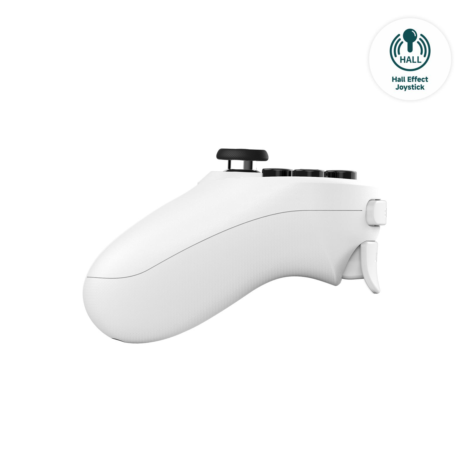 Weißer Gamecontroller mit schwarzen Knöpfen und Joystick. Auf der rechten Seite befindet sich ein Hall Effect Joystick Logo.