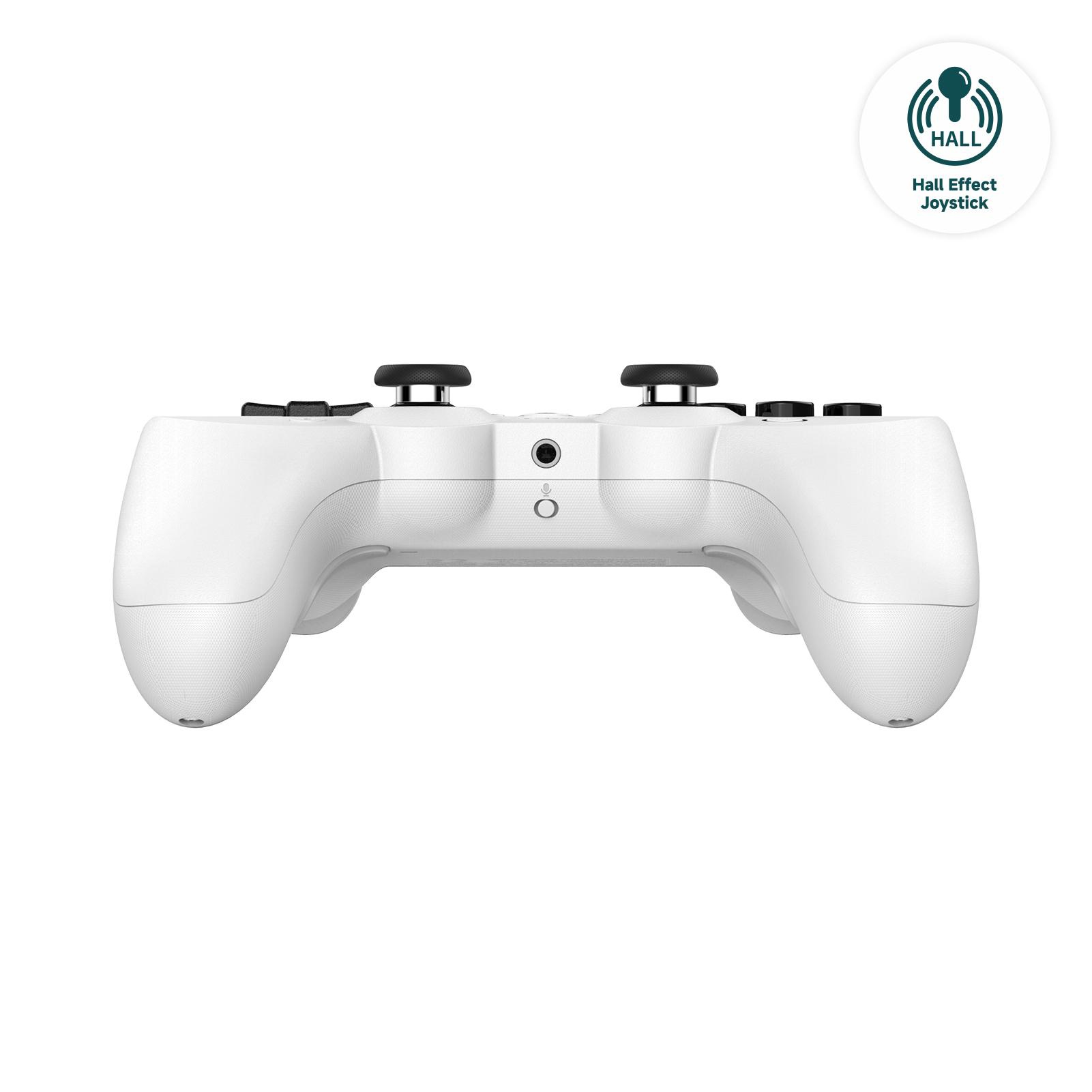 Ein weißes Gamepad mit schwarzen Knöpfen, Joysticks und einem Hall Effect Joystick-Logo in der oberen rechten Ecke.