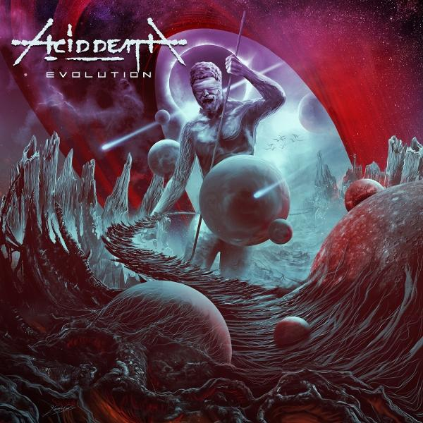 Sci-Fi-Kunstwerk. Eine Figur mit einem Speer steht inmitten kosmischer Elemente. Kugeln und ein Pfad führen vor der rot-violetten Kulisse zur Figur.
