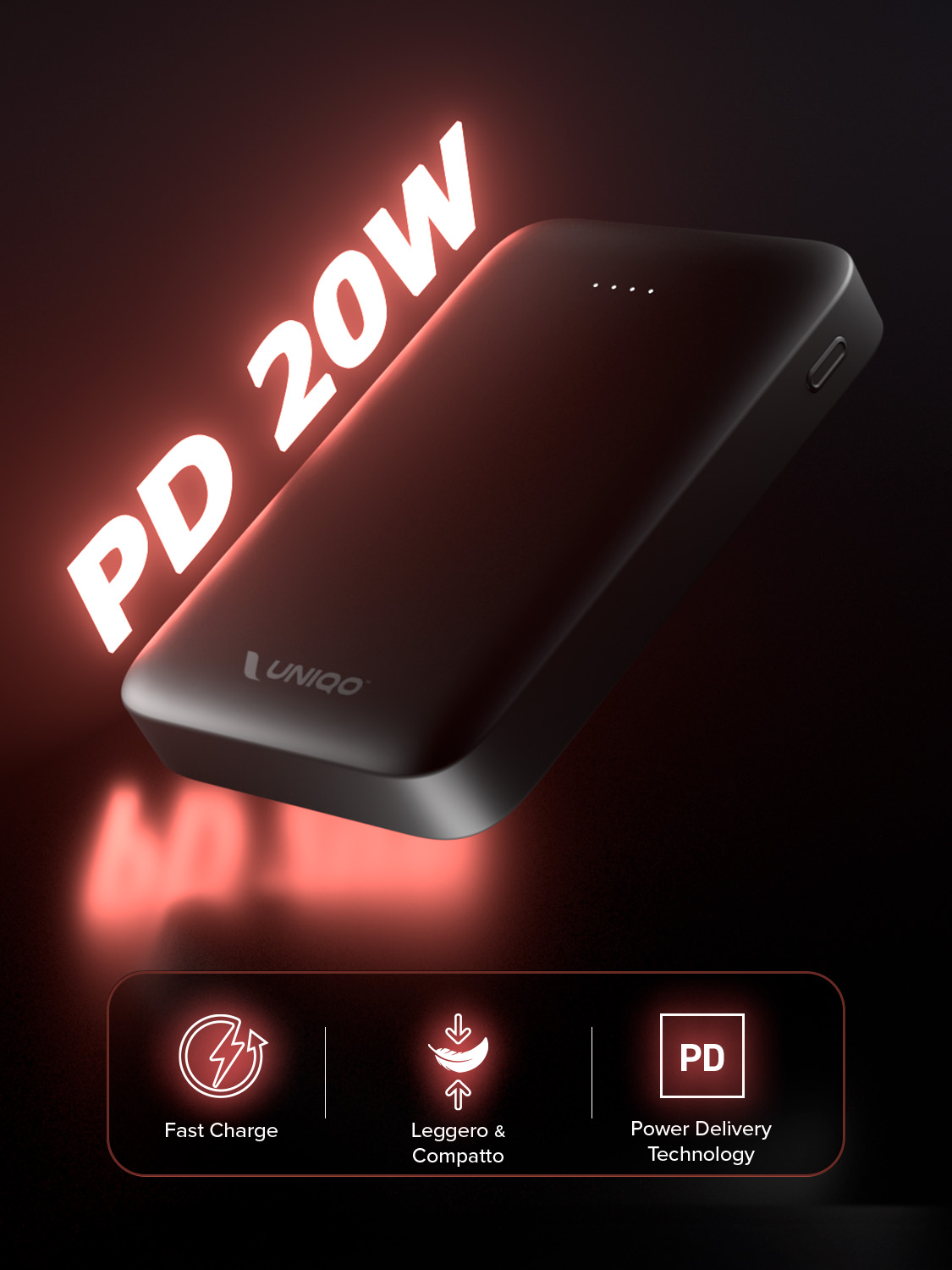 Power bank nero con testo PD 20W luminoso. Caratteristiche: Ricarica rapida, Leggero e compatto e Tecnologia Power Delivery.
