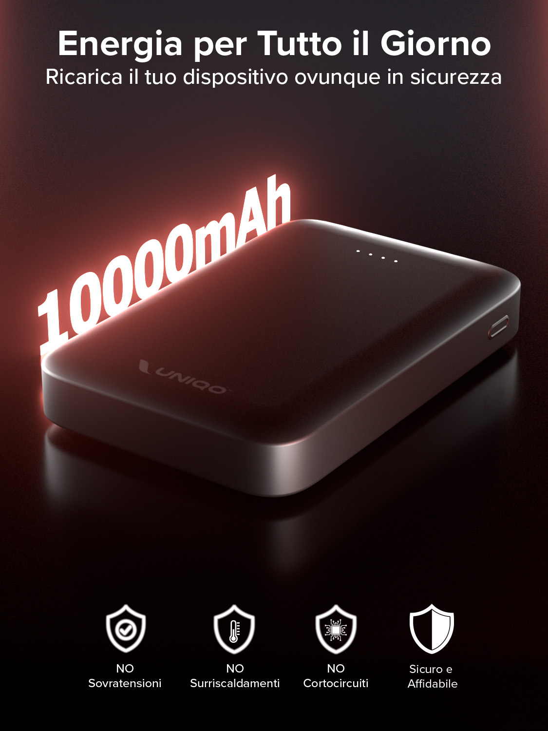 Un power bank da 10000mAh, con testo in italiano. Ha caratteristiche di sicurezza.