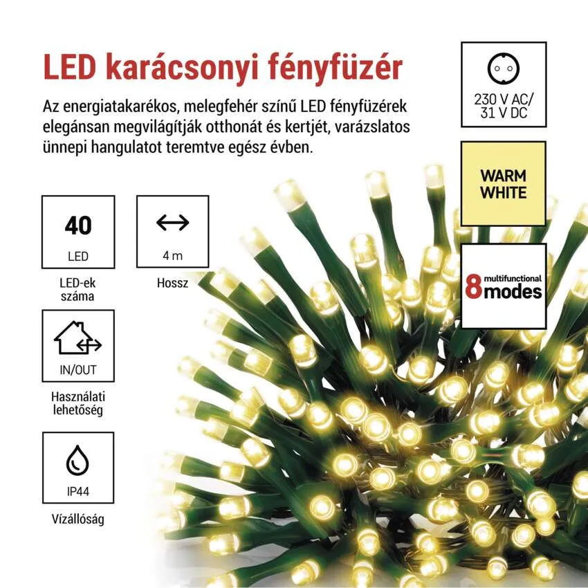LED karácsonyi fények. Meleg fehér fények zöld vezetéken. 40 LED, 4m hosszú, 8 mód, IP44, 230V AC/31V DC.