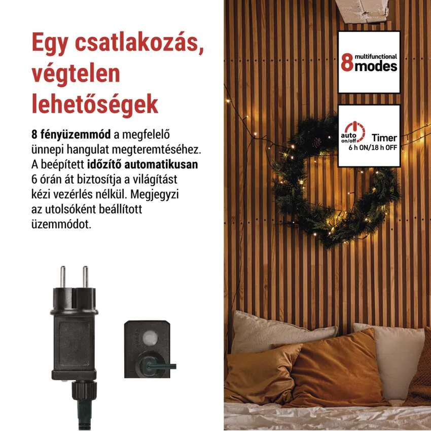 A képen karácsonyi fények és koszorú látható. A szöveg 8 üzemmódot, időzítőt és 6 órás világítást ír le.