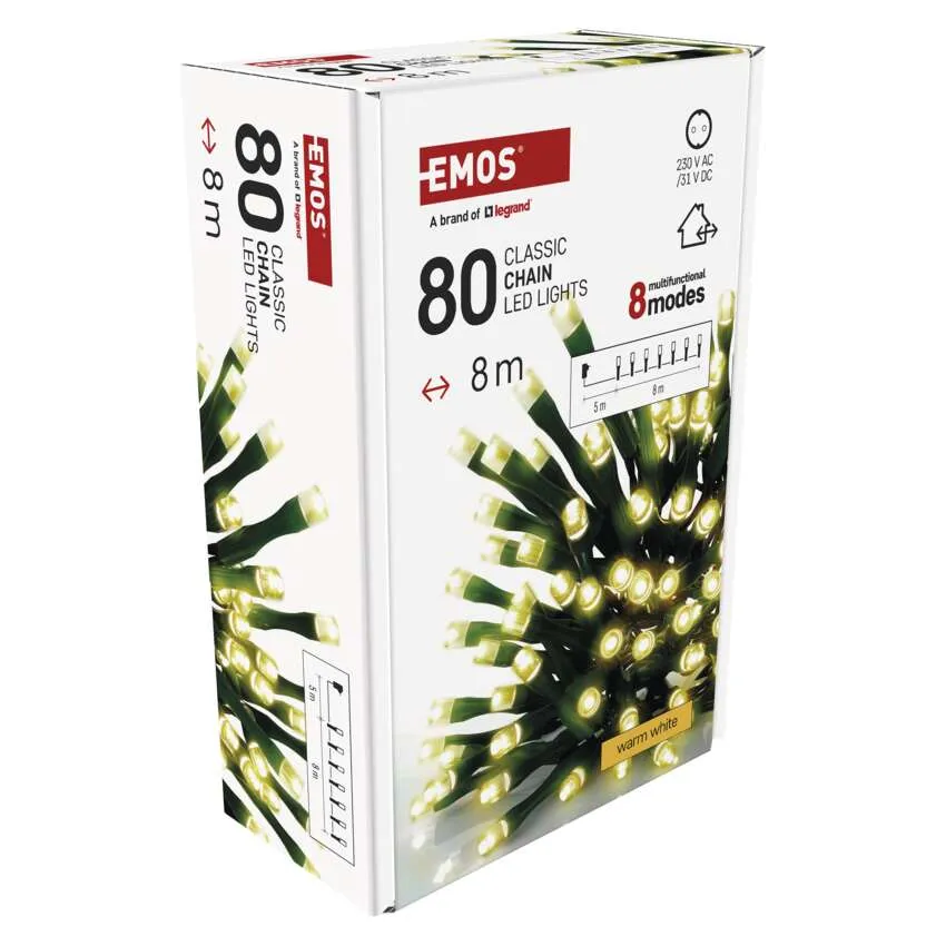 EMOS LED lámpák doboza. 80 lámpa, 8 m hosszú, meleg fehér. 8 móddal rendelkezik, klasszikus lánc.