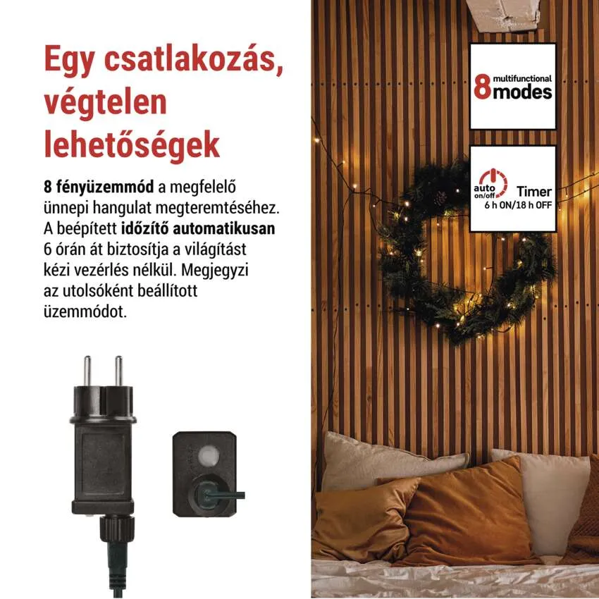Termékfotó: dugó, vezérlő és karácsonyi koszorú lámpákkal. A szöveg a következőket mondja: 8 világítási mód, időzítő és automatikus be/ki.