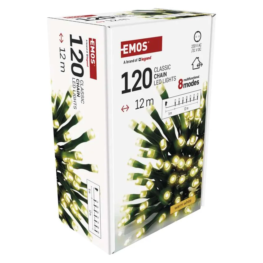 Egy doboz EMOS LED-lámpa. Rajta a márka logója és szöveg, amely 120 lámpát, 12 m hosszúságot és 8 módot jelez.