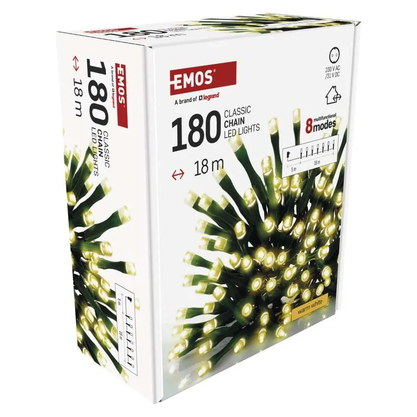 EMOS LED-es lámpák doboza. A dobozon a lámpák képe, a '180 klasszikus lánc LED lámpák' felirattal.