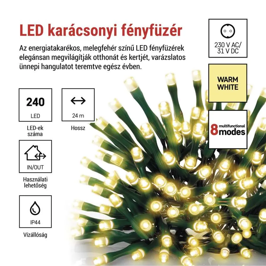 LED-es karácsonyi fények meleg fehér fénnyel. A dobozokon a felirat: 240 LED, 24m, BE/KI, IP44, 8 mód, 230V és meleg fehér.