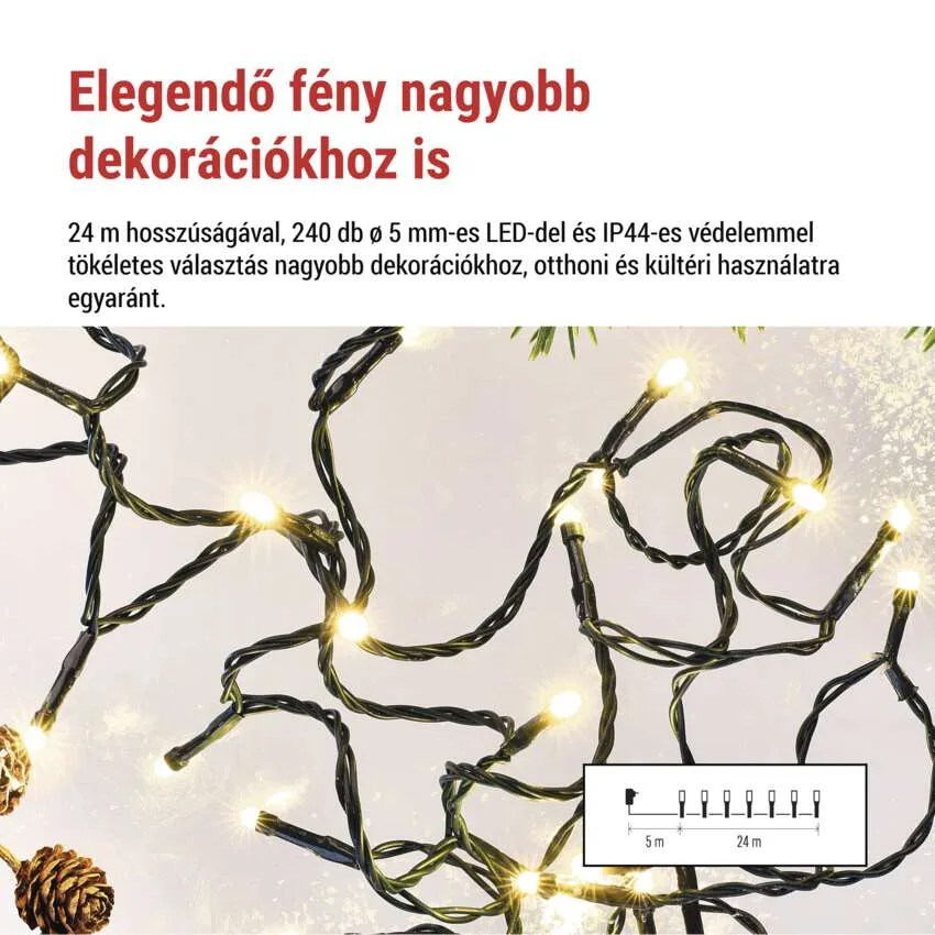 Fényfüzér sárga fényekkel fehér háttérben. Felül magyar szöveg. Egy diagram a méreteket mutatja.