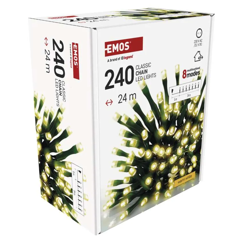 EMOS LED-es lámpák doboza. A doboz fehér, felirattal és lámpák képével. A lámpák meleg fehérek.