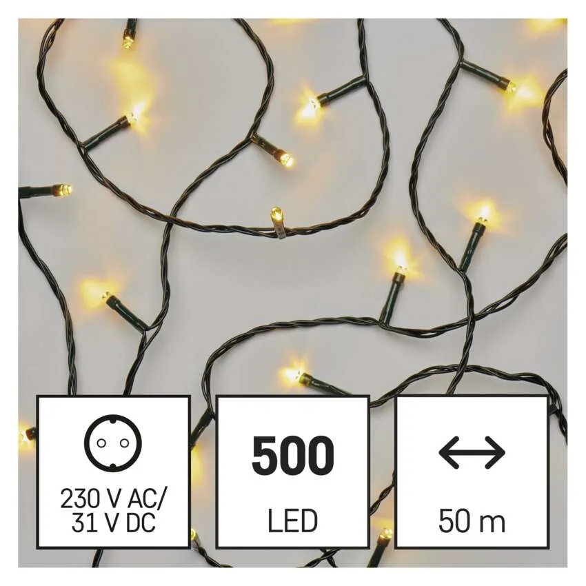 Fényfüzér 500 LED-del, 50m hosszú, fekete vezeték, 230V AC/31V DC tápellátási specifikációval. Melegfehér fények.
