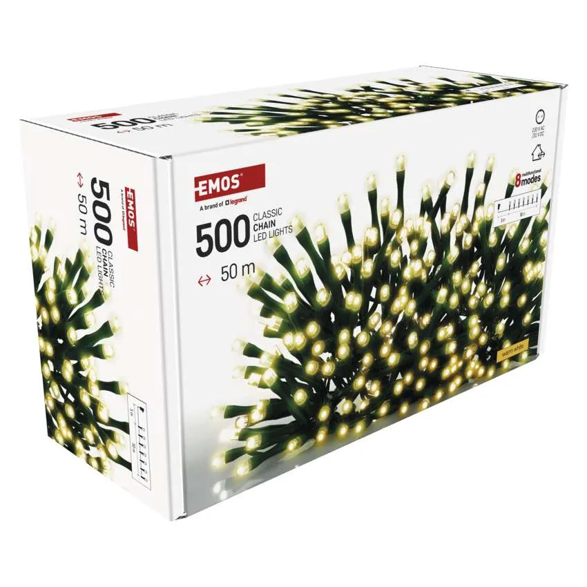 EMOS LED lámpák doboza. A doboz 500 LED lámpát tartalmaz, zöld vezetékekkel és meleg fehér fényekkel.
