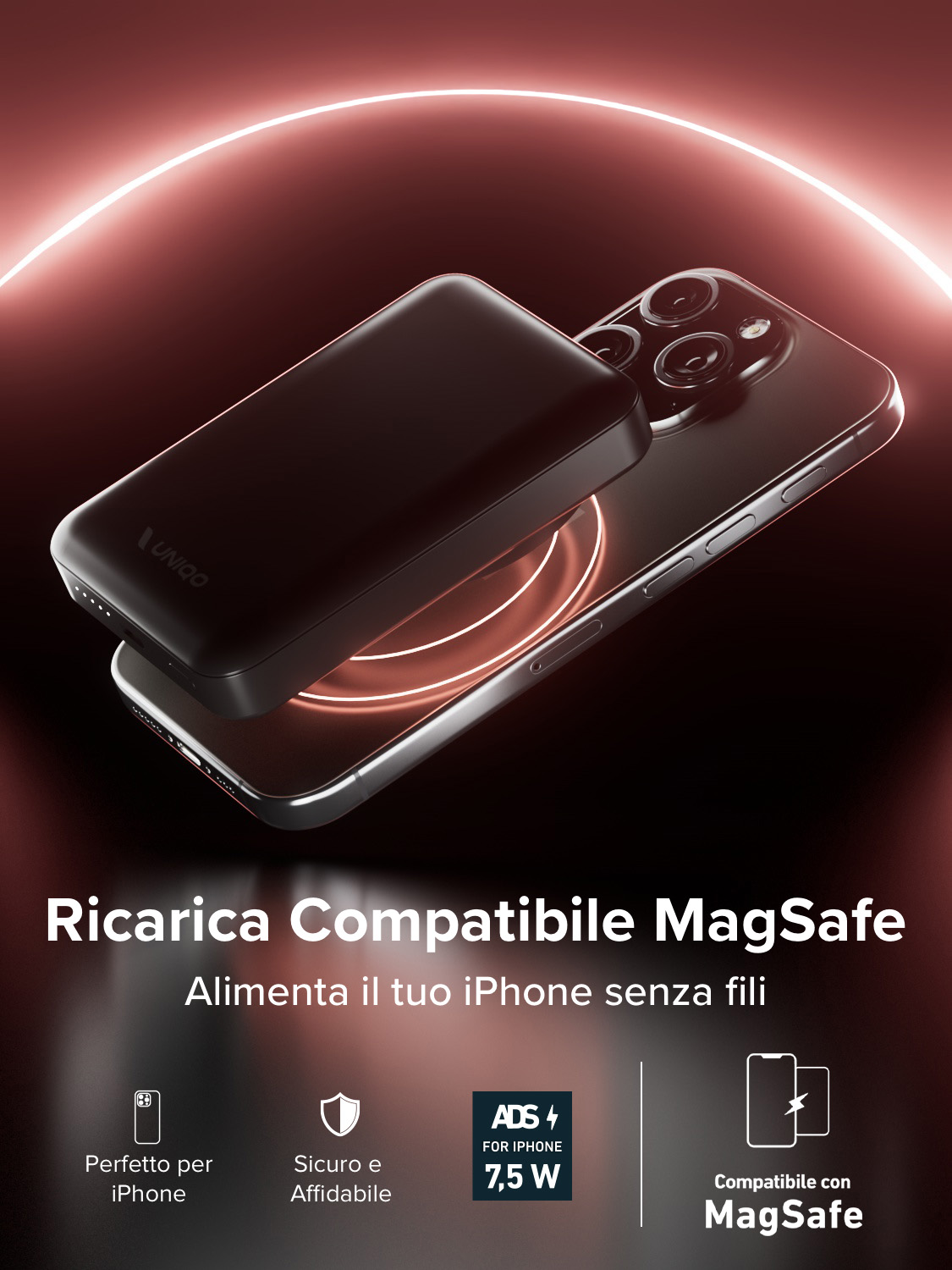 Un iPhone nero e un caricatore wireless nero su sfondo rosso sfumato, con testo sulla ricarica MagSafe.
