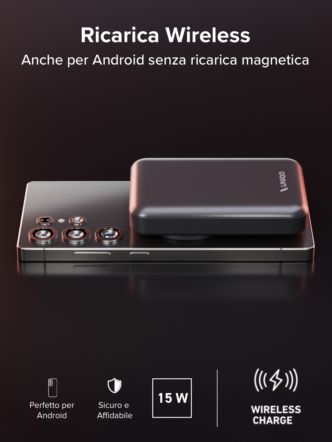 Uno smartphone nero con più fotocamere e un caricatore wireless nero su sfondo scuro. Testo: 'Wireless Charge'.