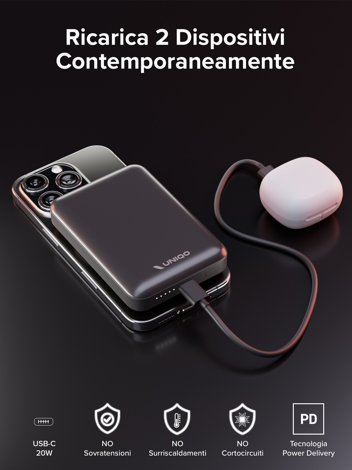 Un power bank nero è collegato a un telefono e a un pod di ricarica bianco. Il testo dice che può caricare 2 dispositivi contemporaneamente.