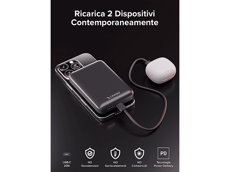 Mocoll Power Bank Magnetico 10000mAh – Ricarica Wireless 15W E PD 20W, Ultra-slim 15,6 Mm, Per IPhone E Samsung