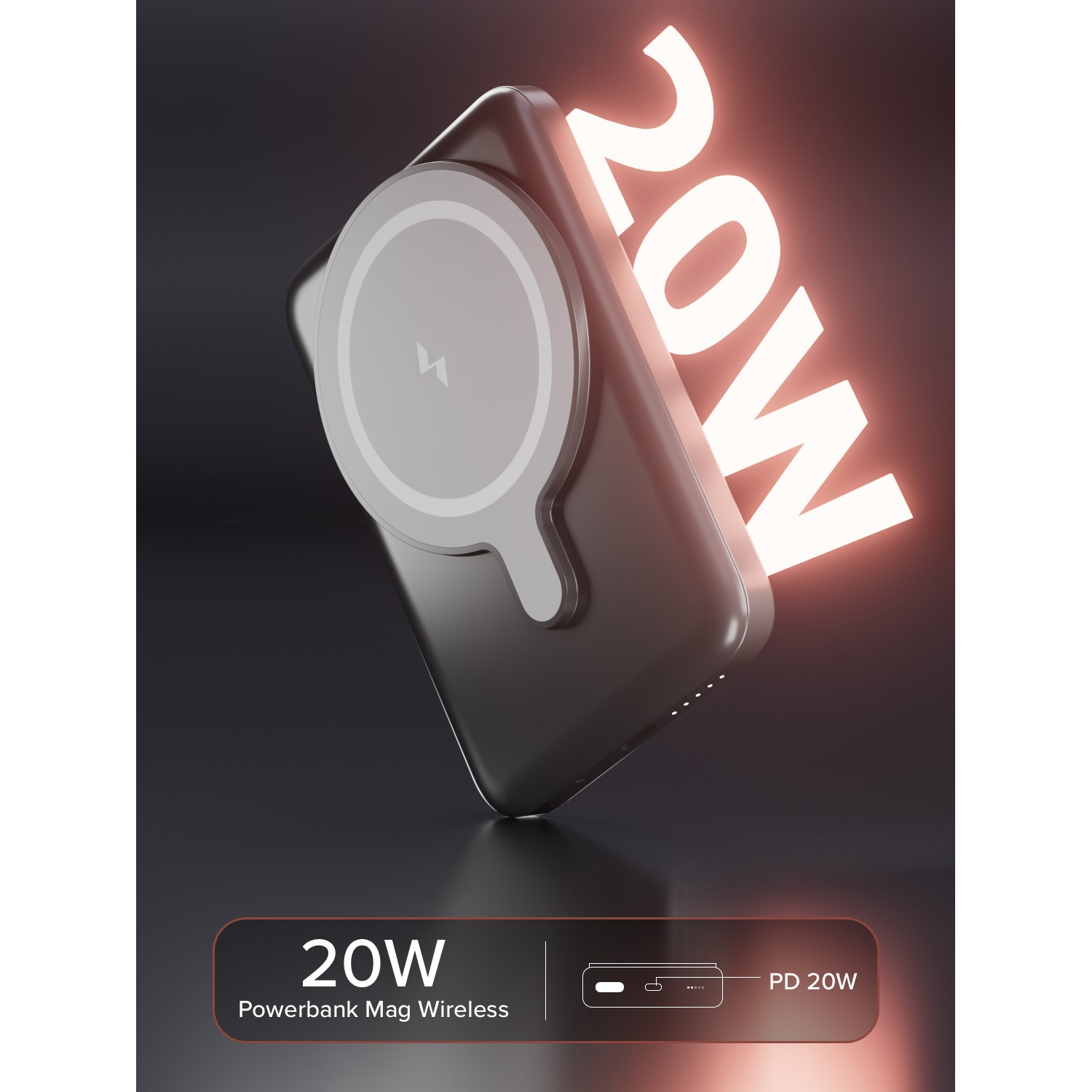 Un telefono nero con un caricabatterie wireless bianco su sfondo scuro. Il caricabatterie ha un simbolo di fulmine. Il testo dice 20W.