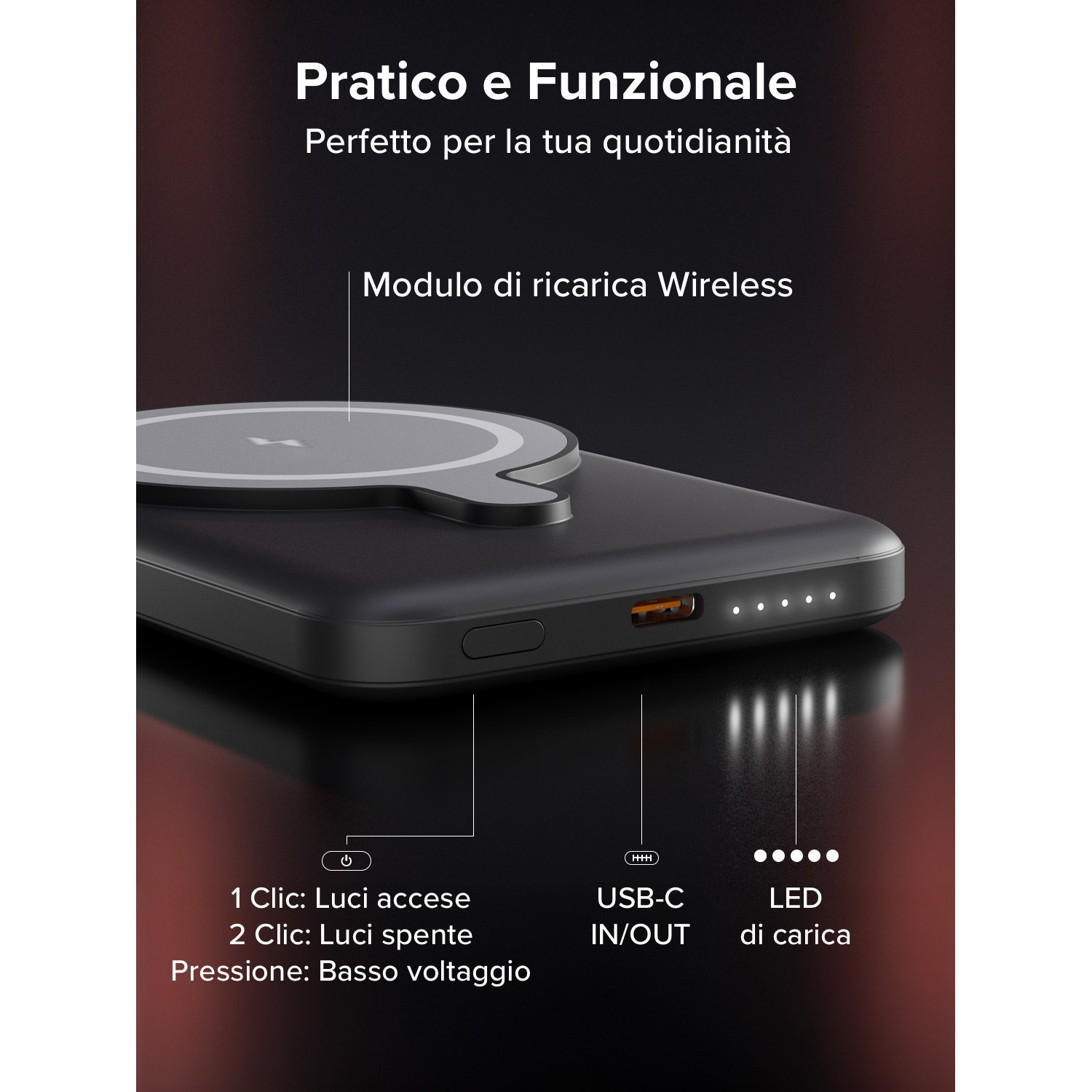 Caricabatterie wireless nero con un pad di ricarica bianco. Ha luci a LED e una porta USB-C, con etichette di testo in italiano.