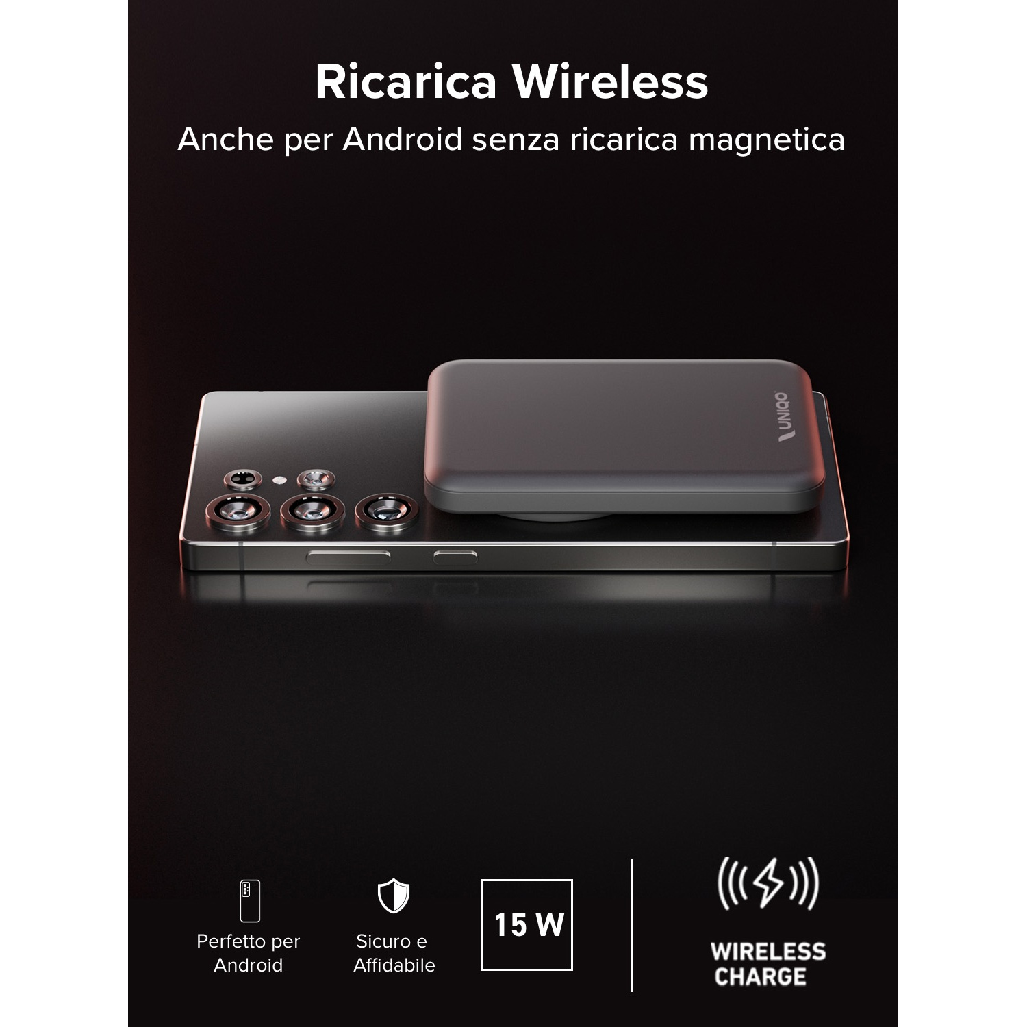 Un telefono con un caricatore wireless sopra. Testo: 'Ricarica Wireless' e 'Wireless Charge'.