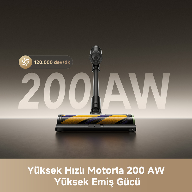 Koyu kahverengi arka plan üzerinde siyah ve sarı bir elektrikli süpürge. Metin 200 AW ve diğer ayrıntıları gösterir.