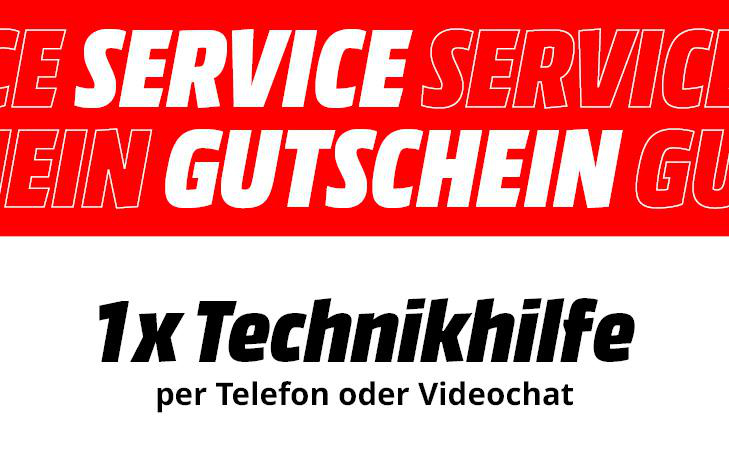 Rotes Banner mit weißem Text: SERVICE, GUTSCHEIN. Darunter, in schwarzem Text: 1x Technikihilfe per Telefon oder Videochat.