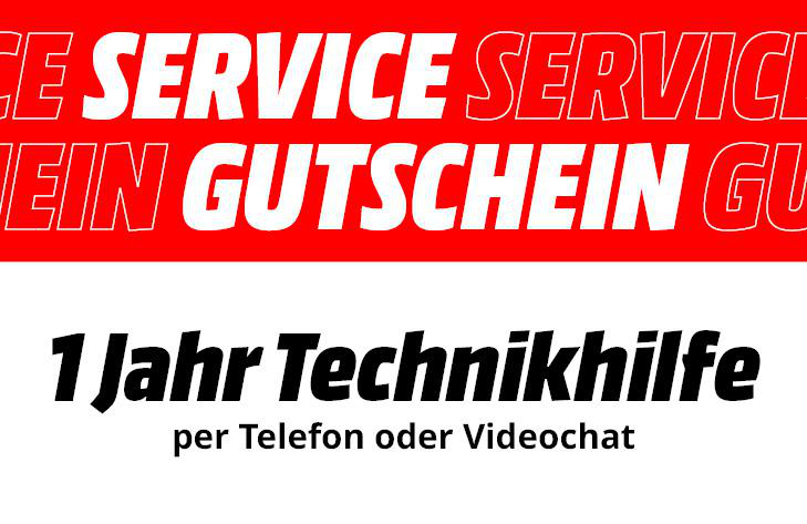 Rotes Banner mit weißem Text: SERVICE GUTSCHEIN. Darunter, in Schwarz: 1 Jahr Technikhilfe per Telefon oder Videochat.