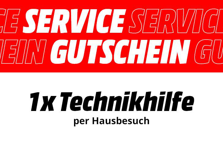Rotes Banner mit SERVICE & GUTSCHEIN. Darunter steht in schwarzer Schrift '1x Technikihilfe per Hausbesuch'.