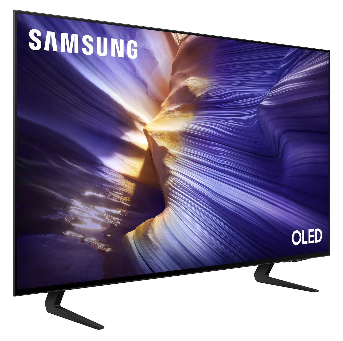 Telewizor OLED Samsung. Ekran wyświetla kolorowy, abstrakcyjny obraz. Czarny stojak. Słowo 'SAMSUNG' znajduje się w lewym górnym rogu.