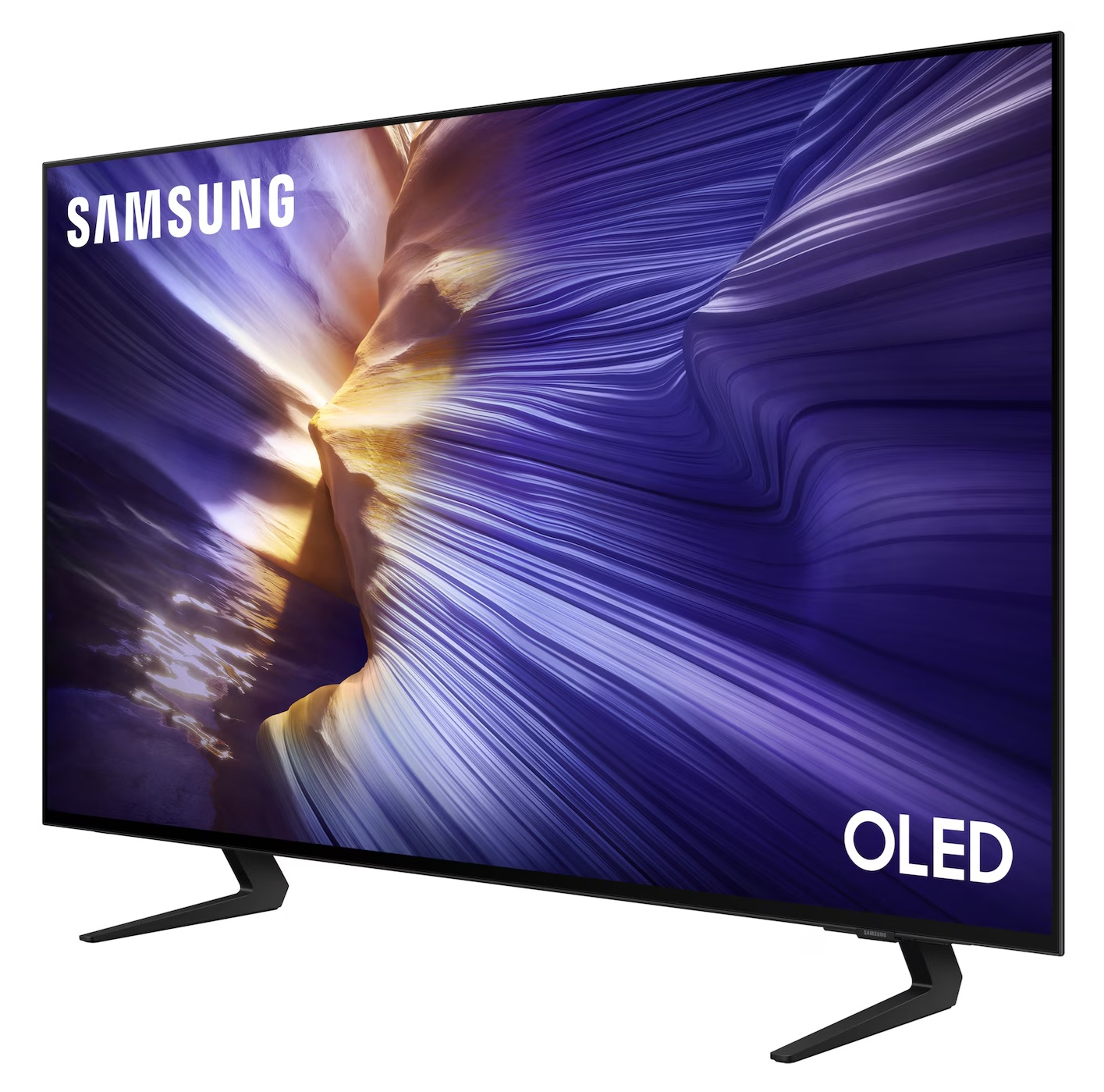 Telewizor Samsung OLED jest wyświetlany pod kątem, pokazując żywy, abstrakcyjny obraz w kolorze fioletowym i złotym. Telewizor ma czarne stojaki i czarną ramkę.