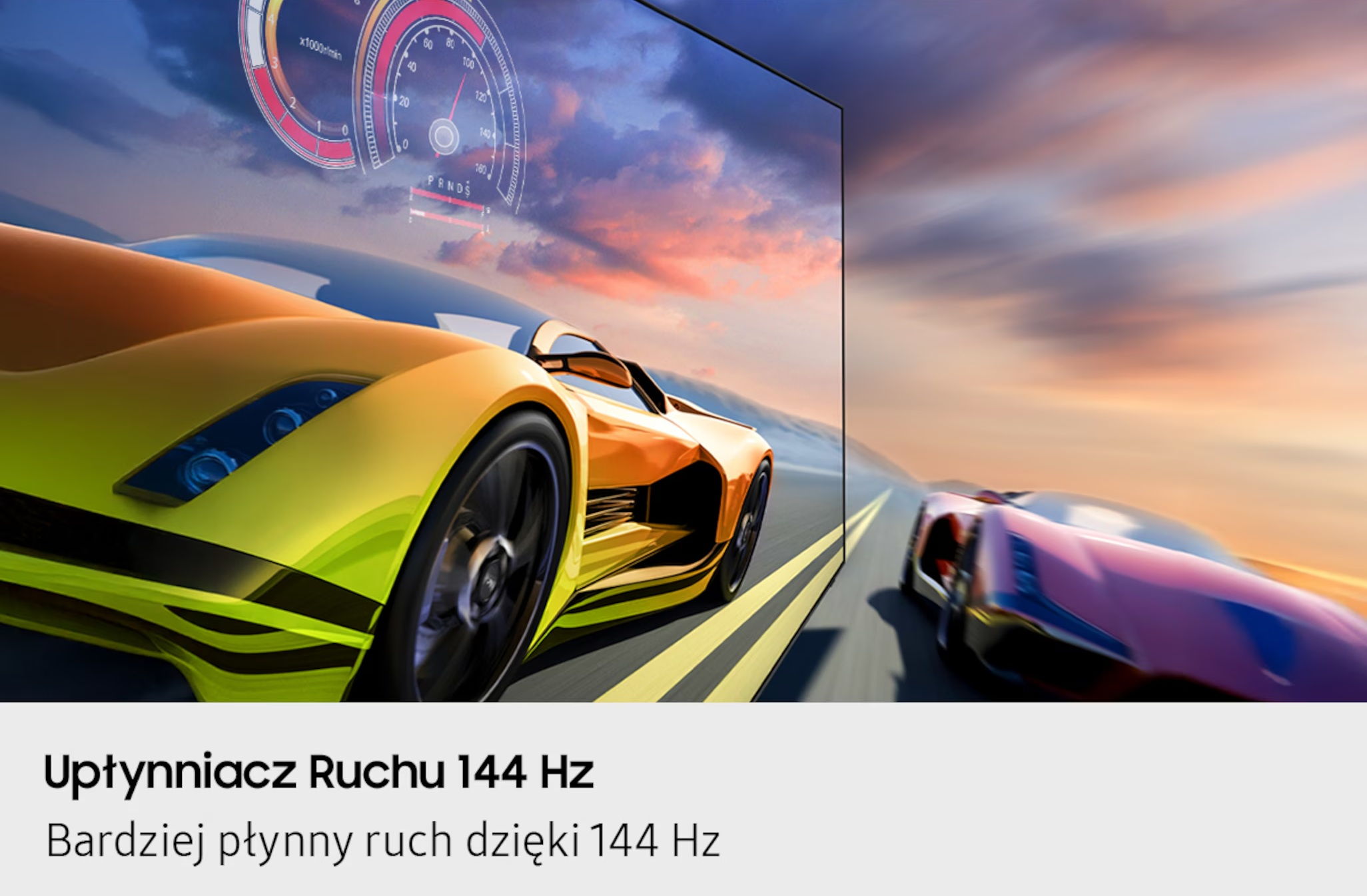 Żółty samochód sportowy ściga się na torze, z czerwonym samochodem w tle. Na ekranie widoczny jest prędkościomierz.