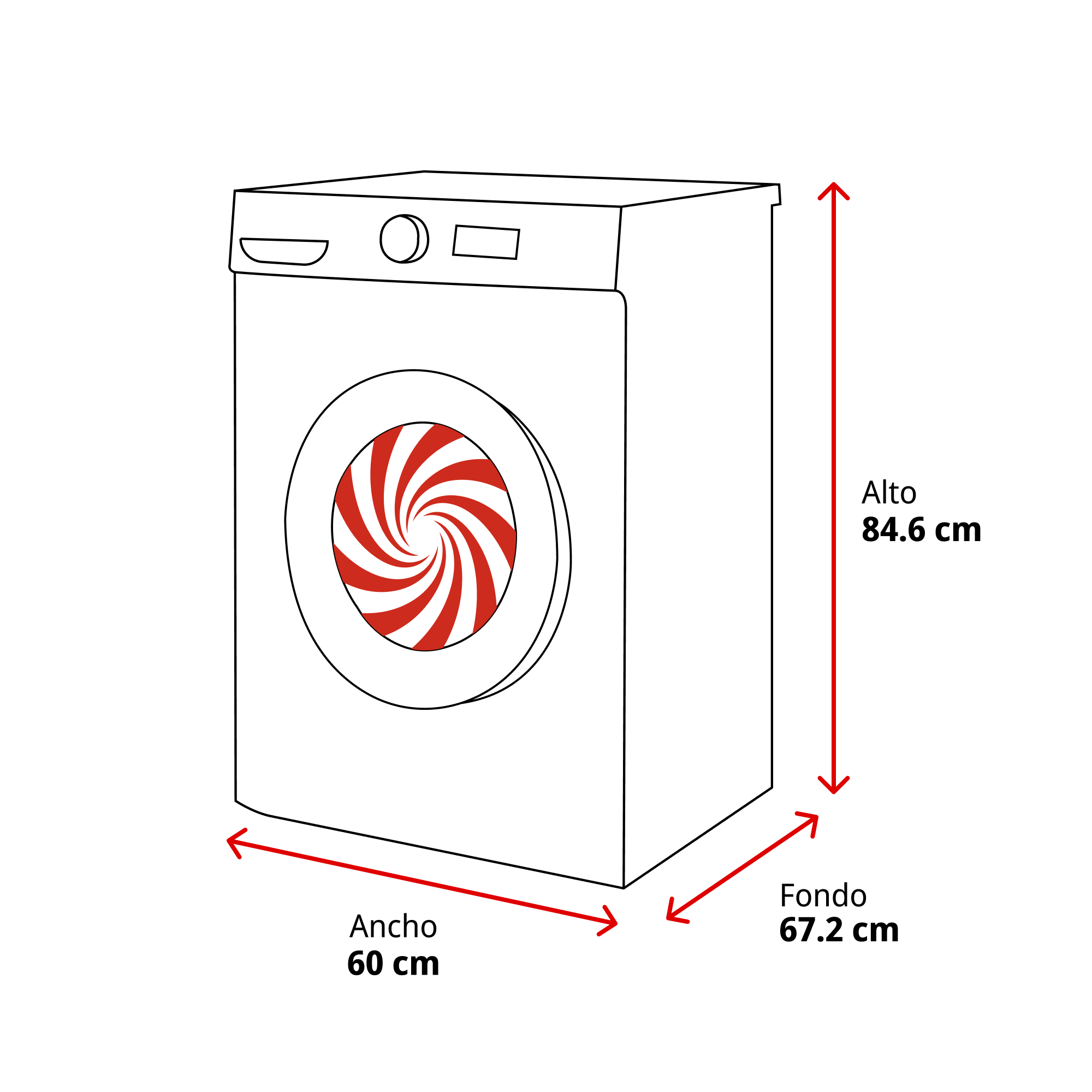 Un dibujo lineal de una lavadora. Es blanca con un diseño en espiral rojo y blanco en la puerta. Se muestran las dimensiones.