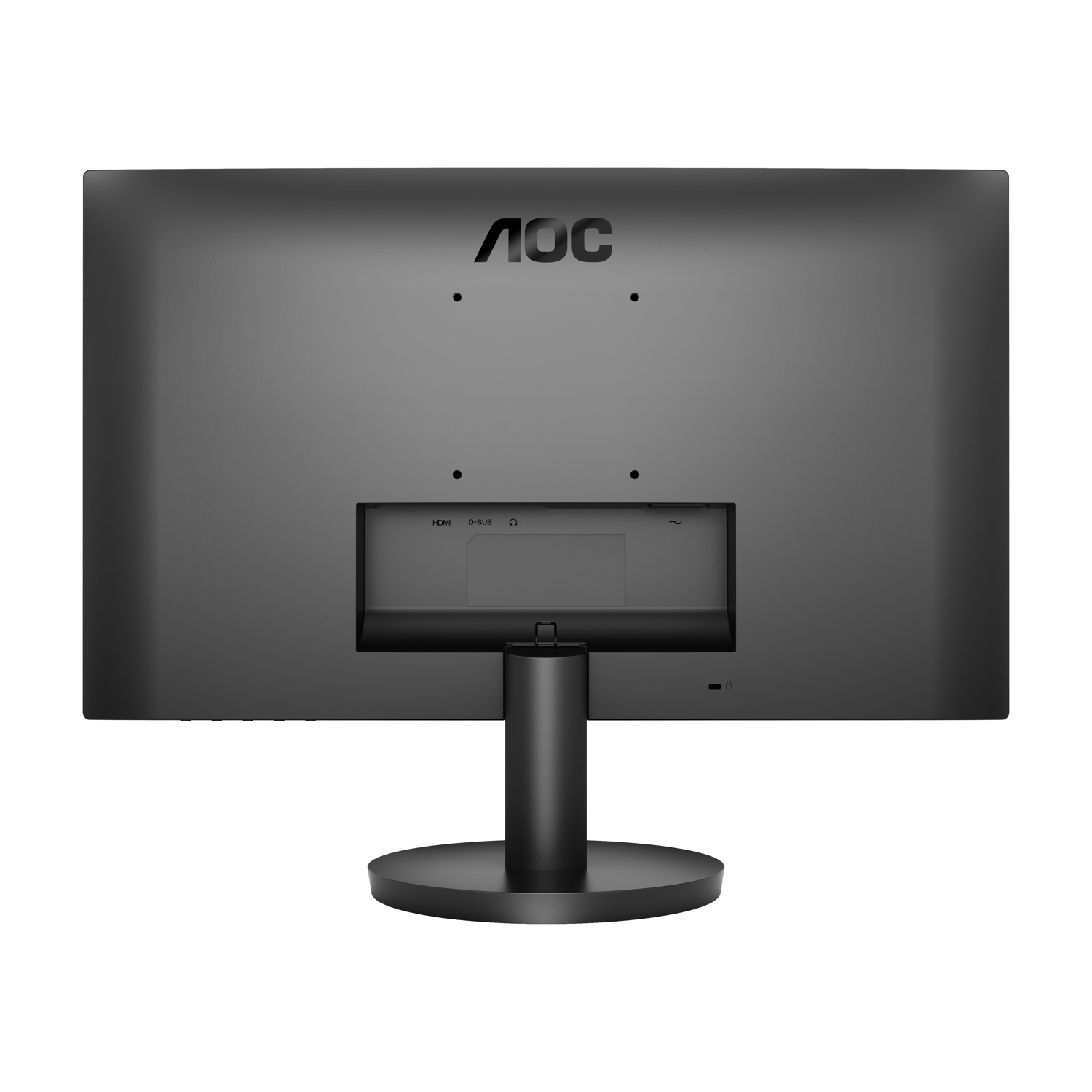 La parte posteriore di un monitor AOC nero. Ha un supporto e porte per le connessioni. Il logo AOC è in alto.