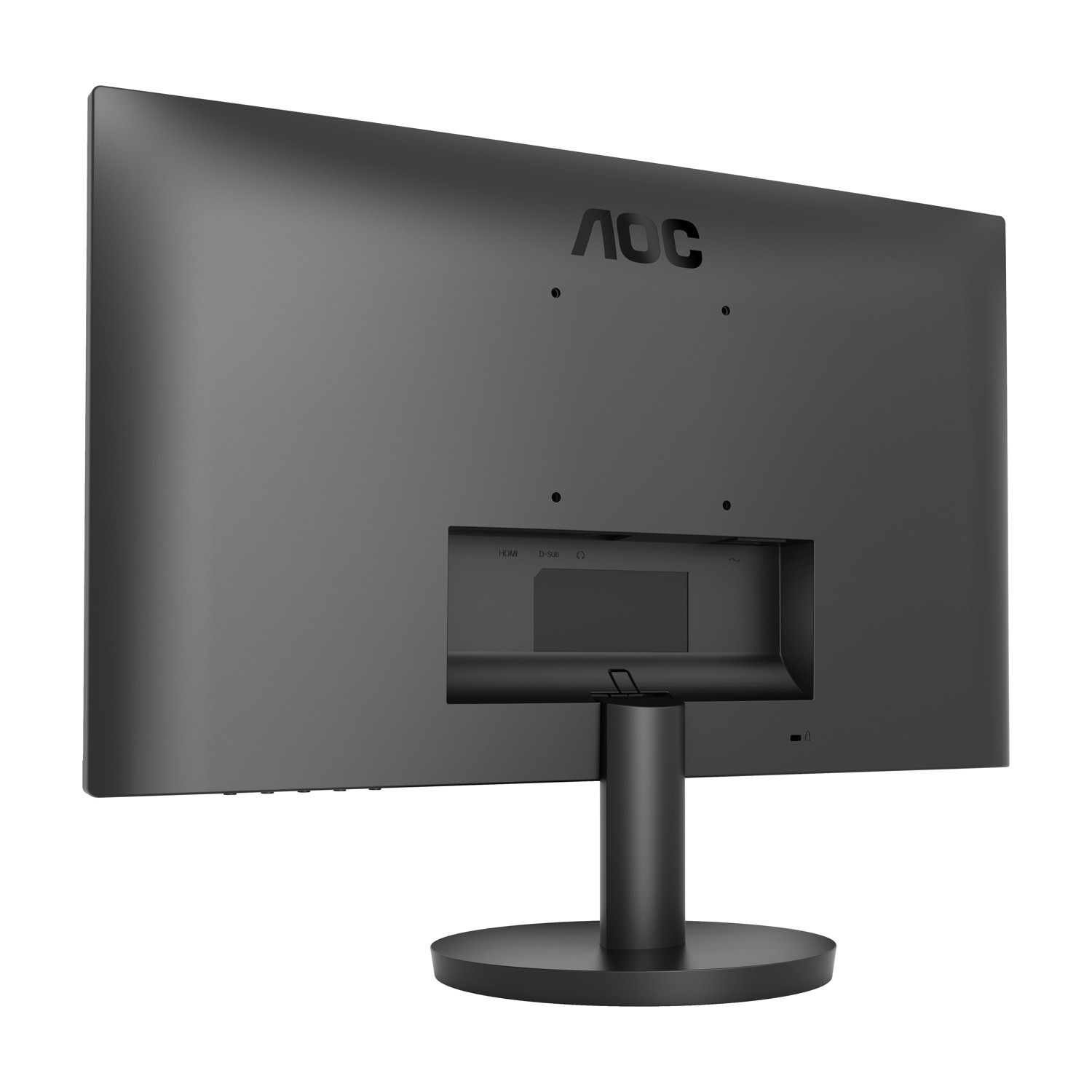 La parte posteriore di un monitor AOC nero. Ha un supporto, ingressi e il logo AOC. Il monitor è su sfondo bianco.