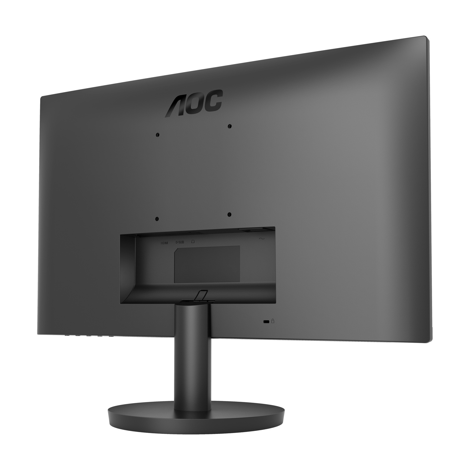 La parte posteriore di un monitor per computer AOC nero è mostrata. Ha un supporto e delle porte. Il logo AOC è in alto.