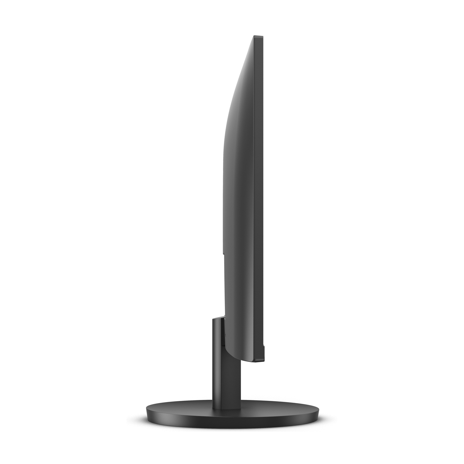 Vista laterale di un monitor del computer nero. Lo schermo è sottile, con un supporto alla base. Lo sfondo è bianco.