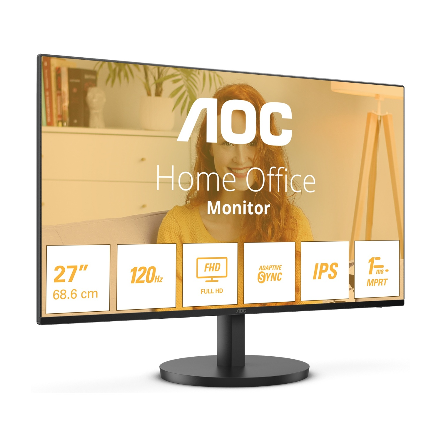 Monitor AOC Home Office. Mostra una donna, 27", 120Hz, FHD, Adaptive Sync, IPS e 1ms MPRT sullo schermo. Supporto nero.